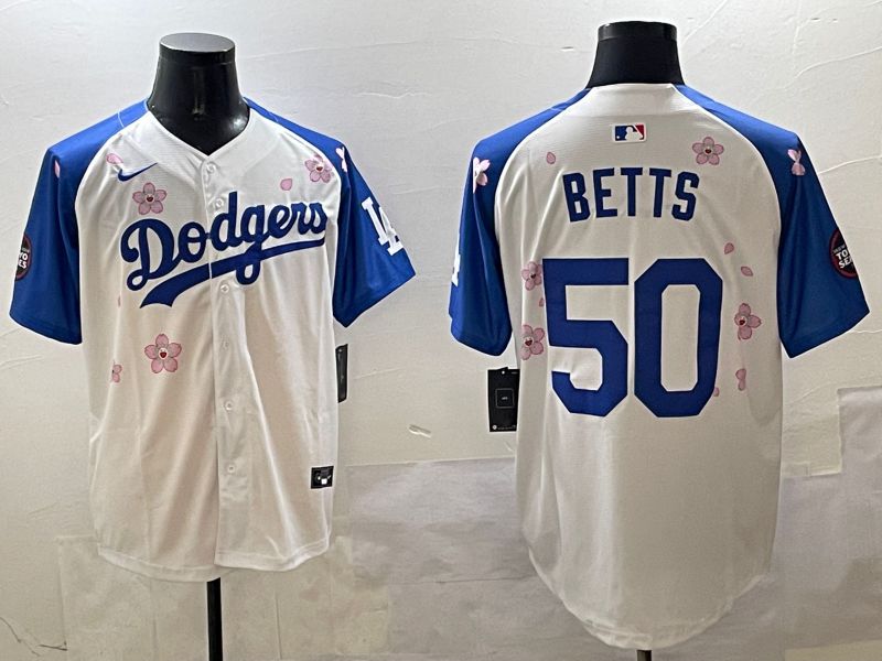 Men Los Angeles Dodgers #50 Betts White Blue Sakura Edition 2025 Nike MLB Jersey style 1